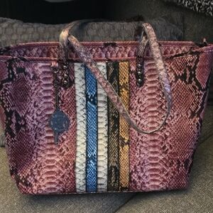 Badgley Mischka Pink Snake-Print Tote with Multi-Color Stripes